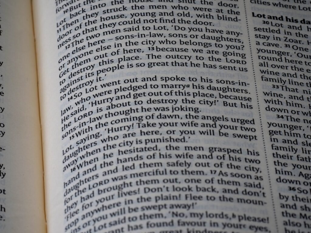 Close-up of an open book with text.