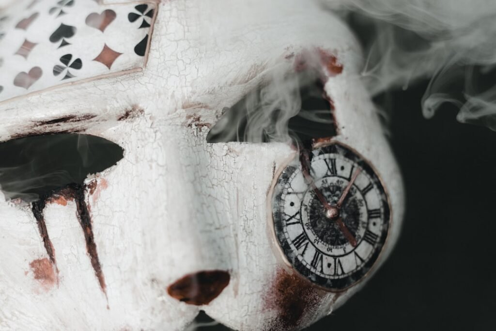 A person wearing a white mask with a clock on it